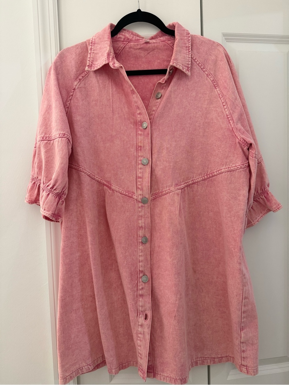 Women's Pink Denim Button-Front Shirt Dress